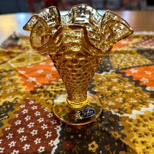 Miniature Fenton hobnail ruffled glass vase